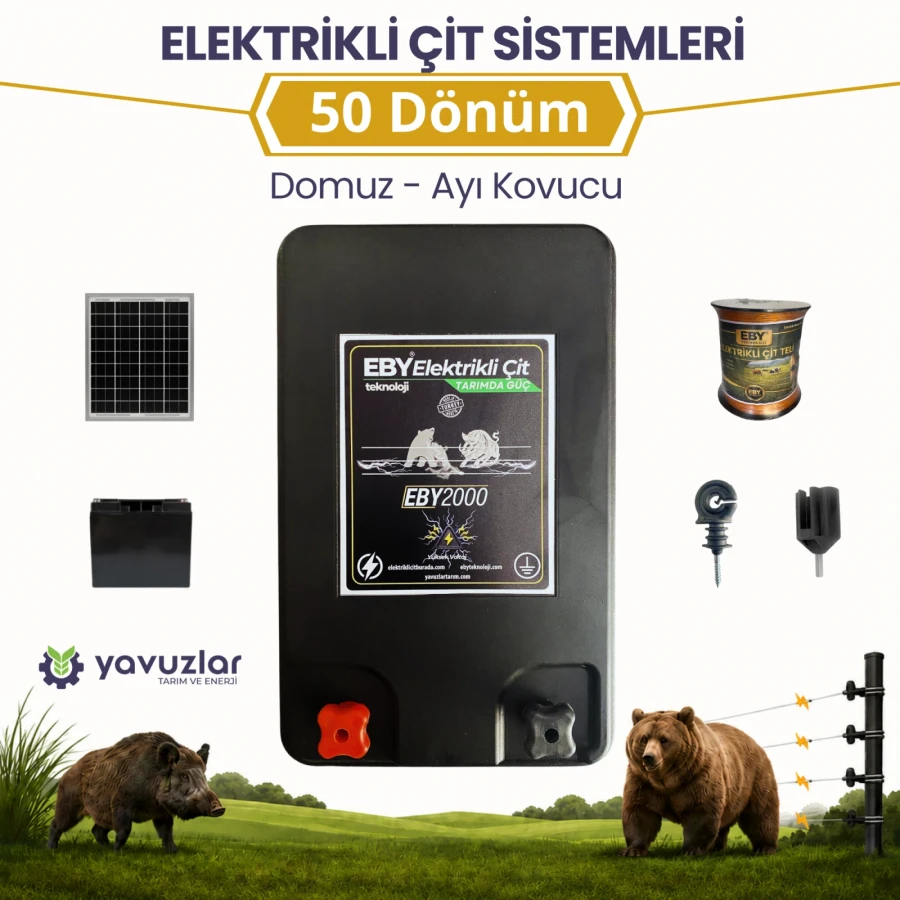 EBY 50 Dönüm Güneş Enerjili Elektrikli Çit Seti 24Ah Akü